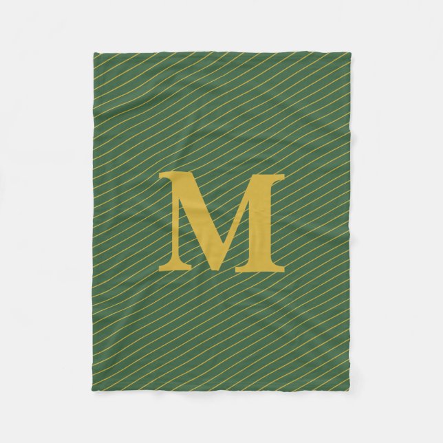 Simple Hunter Green and Gold Stripes Monogram Fleece Blanket (Front)