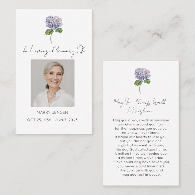 Simple Hydrangea Photo Funeral Prayer Card (Front/Back)