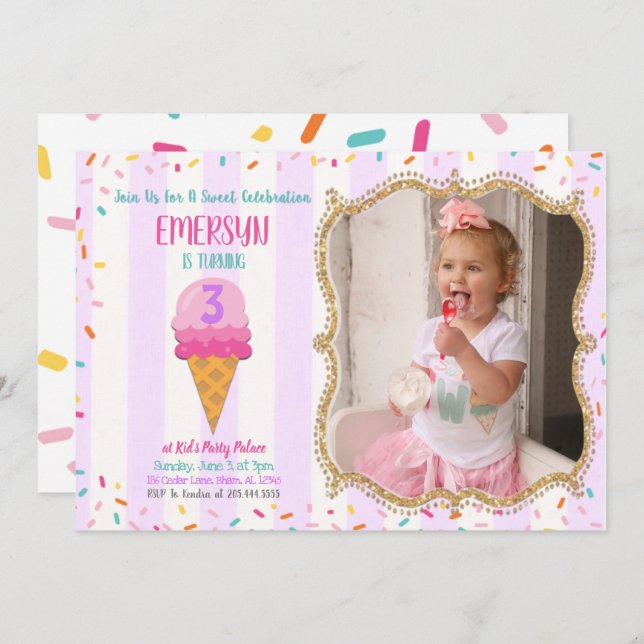 Simple Ice Cream Party Invitation With Photo (Front/Back)