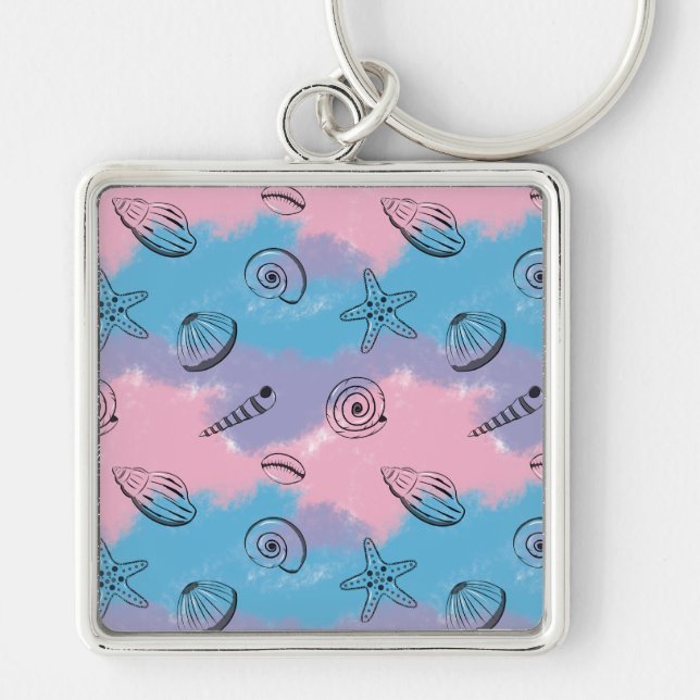 Simple Illustrated Seashells on Cool Colours Key Ring (Front)