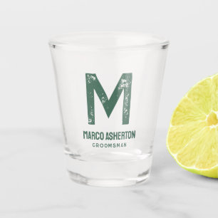 Simple initial green text bachelor party shot glass