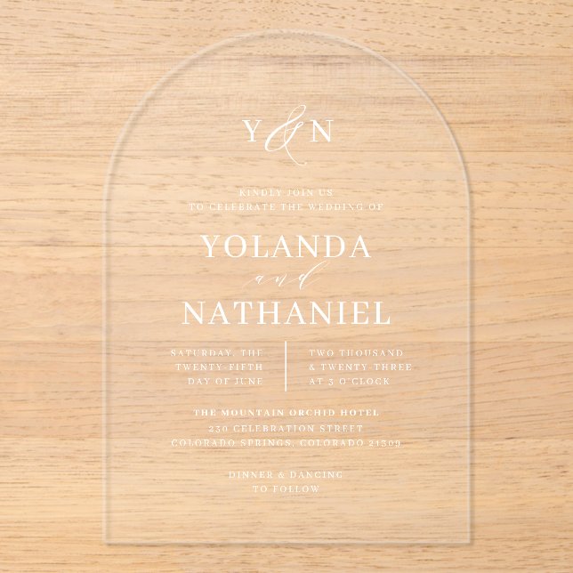 Simple Initials Elegant Calligraphy Arch Wedding Acrylic Invitations (Front)
