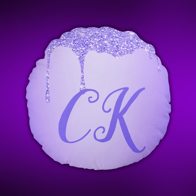 Simple - Initials Monogram with Purple Glitter | Round Cushion (Creator Uploaded)