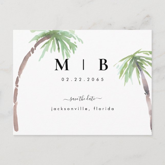 Simple Initials Tropical Wedding Save the Date   Announcement Postcard (Front)