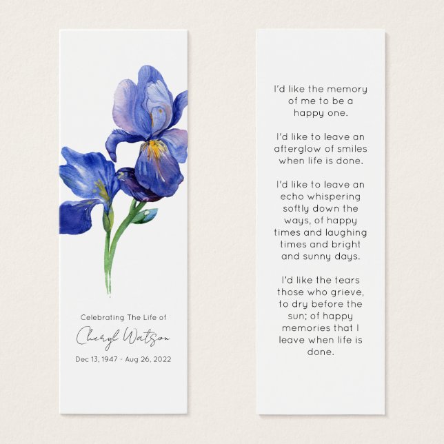 Simple Iris Funeral Memorial Bookmark (Front & Back)