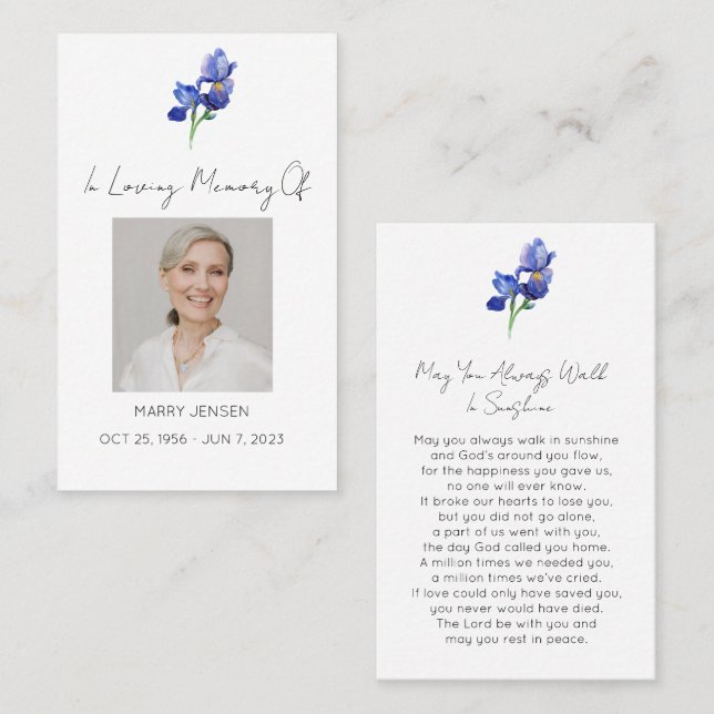 Simple Iris Photo Funeral Prayer Card (Front/Back)