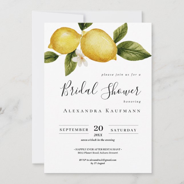 Simple Italia Lemon Calligraphy Bridal Shower Invitation (Front)
