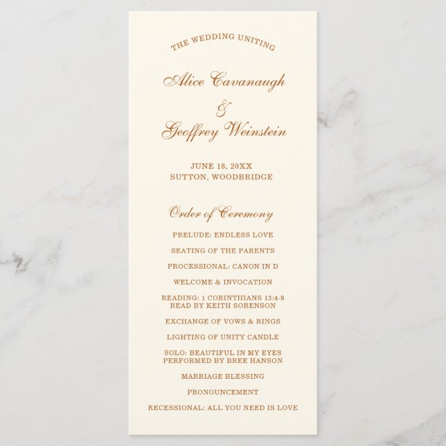 Simple Ivory Copper Elegant Wedding Program (Front)
