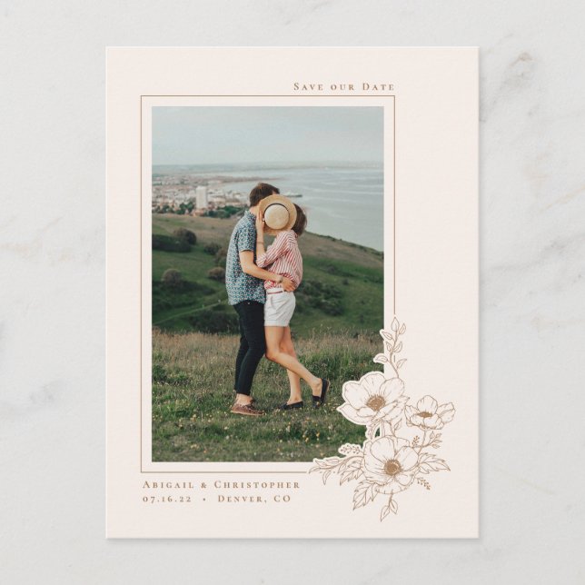 Simple Ivory Gold Anemone Art Floral Save the Date Announcement Postcard (Front)