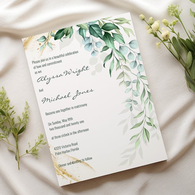 Simple ivory gold greenery leaf floral Wedding  Invitation (Simple ivory gold greenery leaf floral Wedding )
