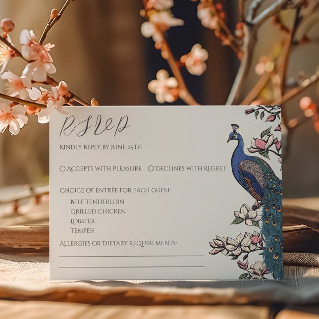 Simple Ivory Peacock RSVP Card (Elegant Ivory RSVP Card. Hand Drawn Illustration of Peafowl Peacock on Magnolia Tree Branch in Bloom)
