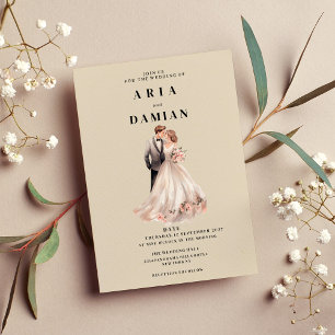 Simple ivory pink floral couple photo Wedding Invitation