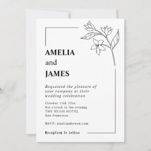 Simple Jasmine Leaf Black White Typewriter Wedding Invitation