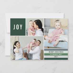 Simple Joy 3 Photo Collage Modern Stripes   Green Holiday Card