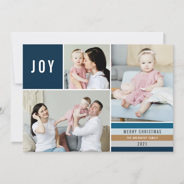 Simple Joy 3 Photo Collage Modern Stripes | Navy Holiday Card (Front)