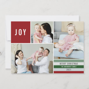 Simple Joy 3 Photo Collage Modern Stripes Red Holiday Card