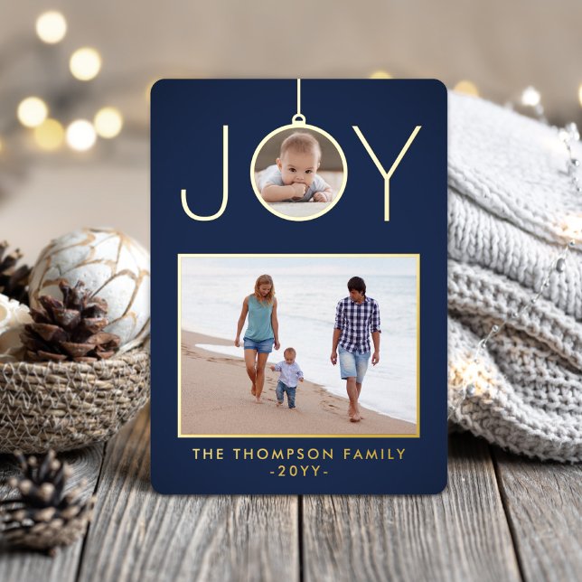 Simple Joy Christmas Ornament 2 Photo Navy & Gold Foil Holiday Card (Creator Uploaded)