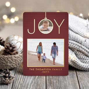 Simple Joy Christmas Ornament Burgundy 2 Photo Foil Holiday Card