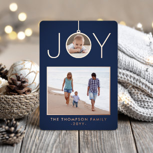 Simple Joy Christmas Ornament Navy Blue 2 Photo Foil Holiday Card