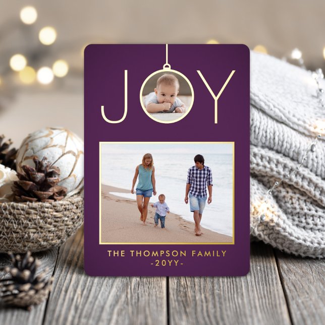 Simple Joy Christmas Ornament Purple 2 Photo Foil Holiday Card (Creator Uploaded)