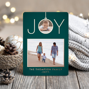 Simple Joy Christmas Ornament Teal Green 2 Photo Foil Holiday Card