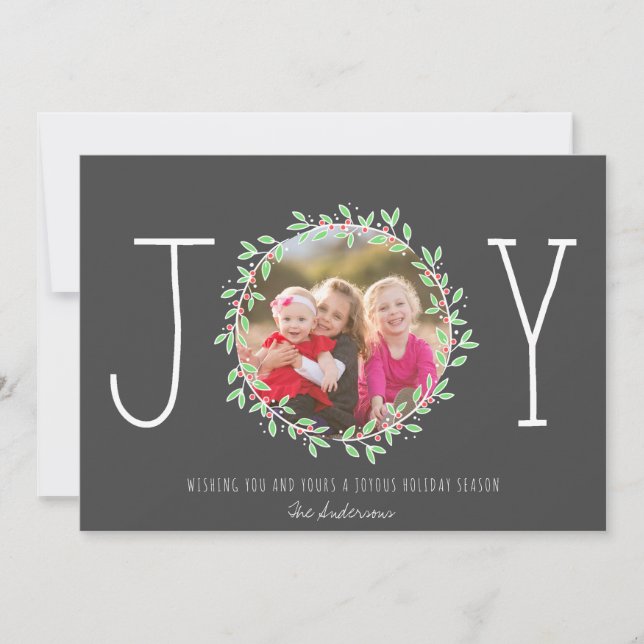 Simple Joy Wreath Dark Gray Christmas Photo Holiday Card (Front)