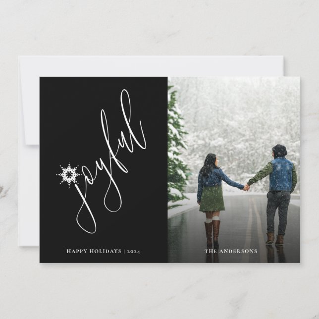 Simple Joyful Handwritten Script Photo Holiday Car Card (Front)