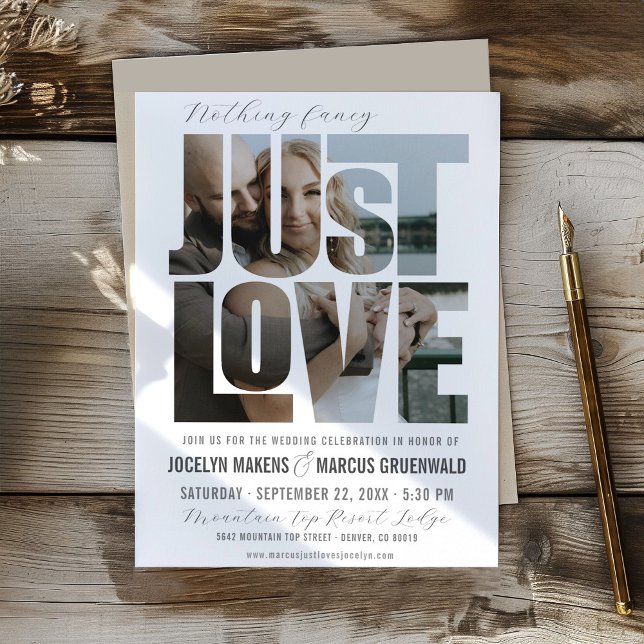 Simple Just Love Photo Words Fun Modern Wedding Invitation (Unique Casual minimalist wedding invitation with photo inside JUST LOVE bride & groom photo frame)