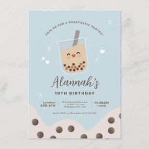 Simple Kawaii Boba Bubble Milk Tea Blue Birthday Invitation