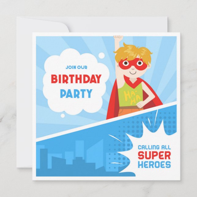Simple Kid's Fill In the Blank Superhero Birthday  Invitation (Front)