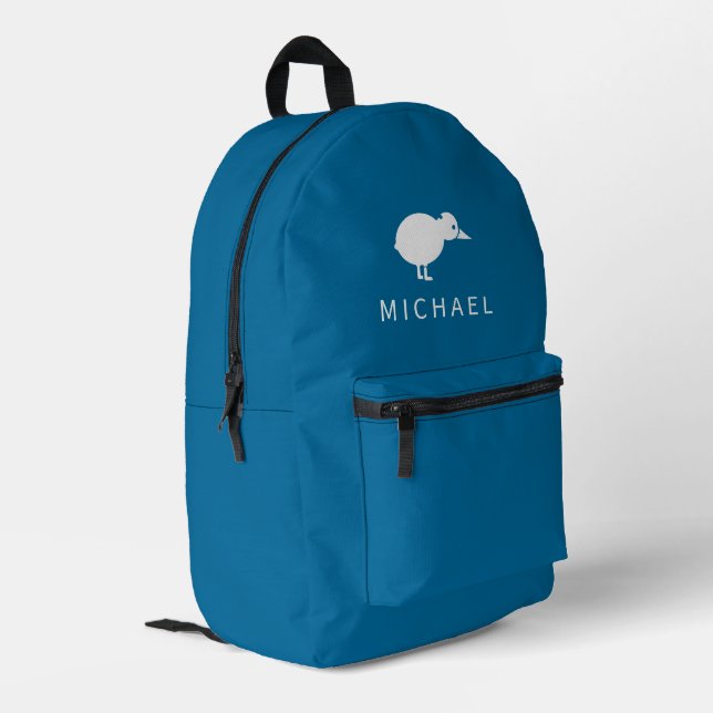Simple Kiwi Bird Silhouette Monogram Personalised Printed Backpack (Back Corner Left)