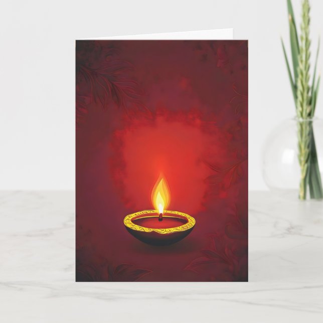 Simple Lamp Deep Red Diwali Holiday Card (Front)