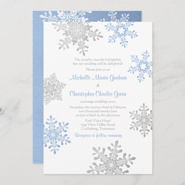Simple Lapis Blue Silver Winter Snowflake Wedding Invitation (Front/Back)