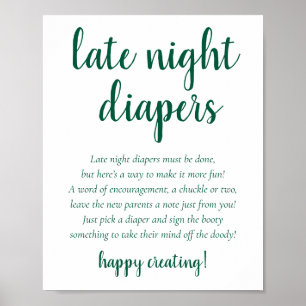 Simple Late Night Diapers Neon Green Baby Shower Poster