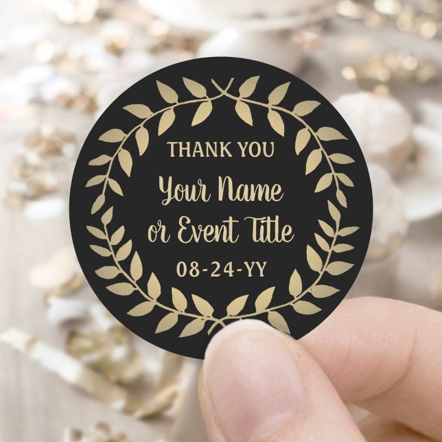 Simple Laurel Wreath Black and Gold Thank You Classic Round Sticker (Creator Uploaded)