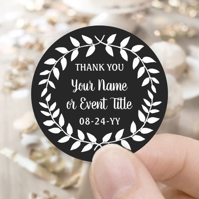 Simple Laurel Wreath Black and White Thank You Classic Round Sticker (Creator Uploaded)