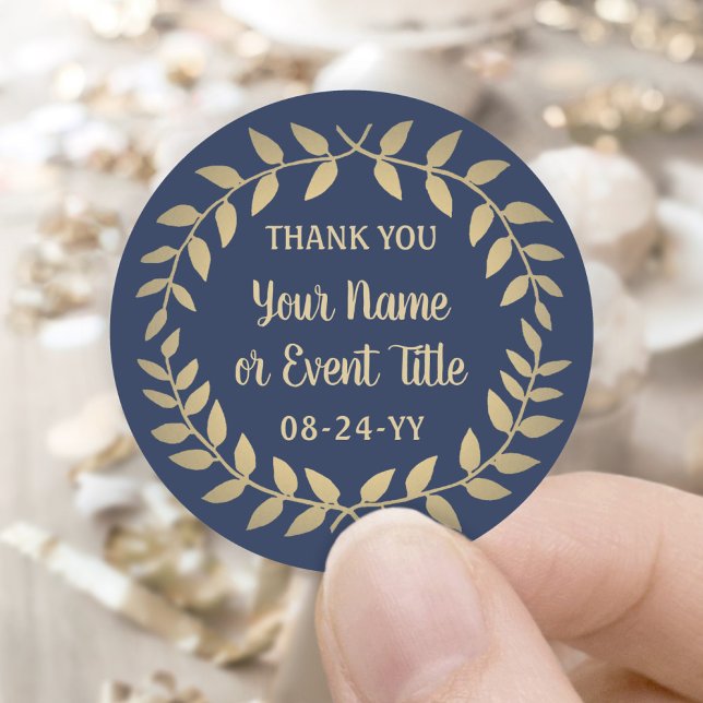 Simple Laurel Wreath Navy Blue and Gold Thank You Classic Round Sticker (Creator Uploaded)