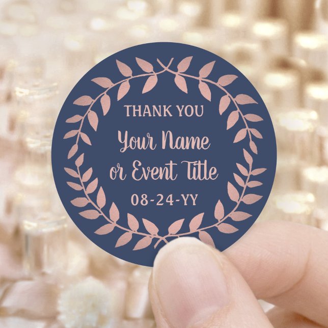 Simple Laurel Wreath Navy Blue and Pink Thank You Classic Round Sticker (Creator Uploaded)