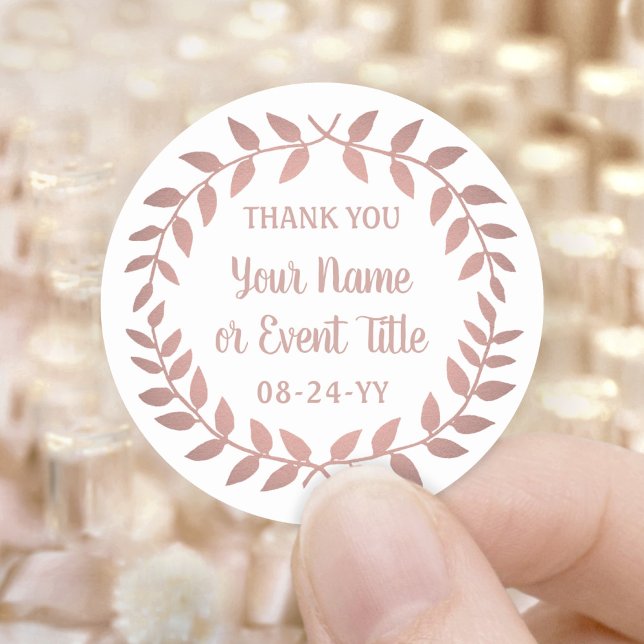 Simple Laurel Wreath Pink Rose Gold Thank You Classic Round Sticker (Creator Uploaded)