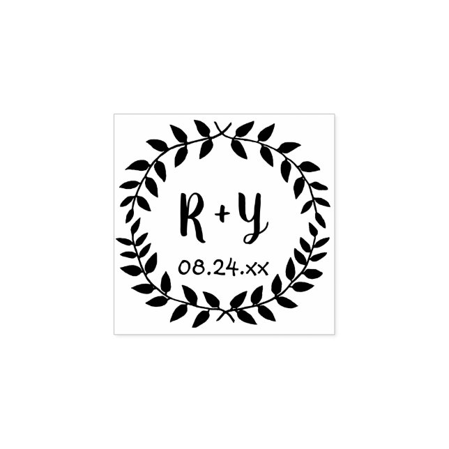 Simple Laurel Wreath Rustic Wedding Monogram Date Rubber Stamp (Imprint)