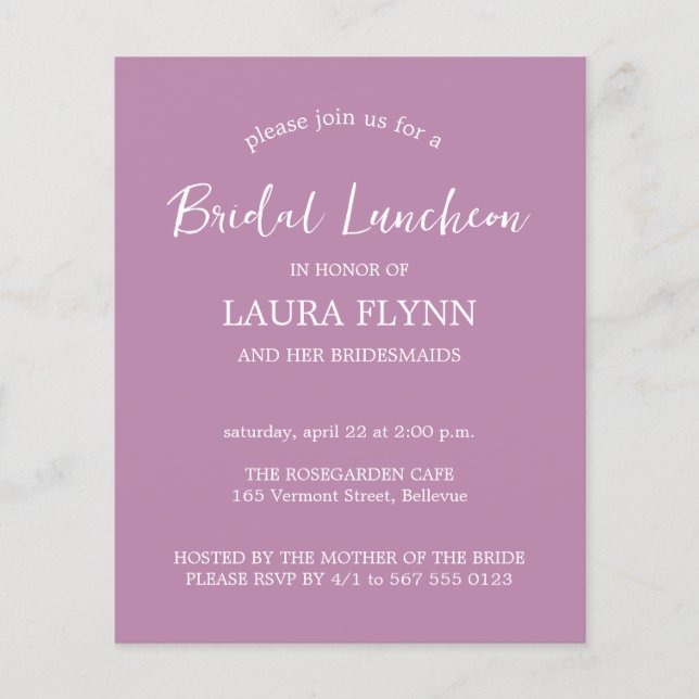 Simple Lavender Budget Bridal Luncheon Invitation Flyer (Front)