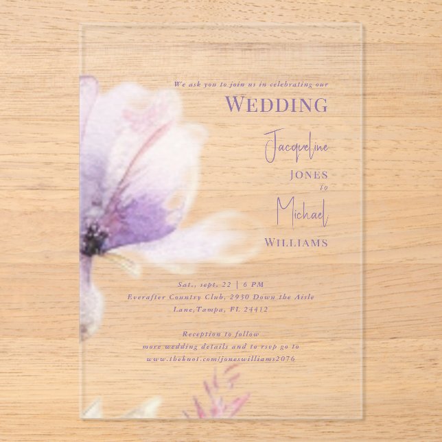 Simple Lavender Floral Stem Wedding Acrylic Invitations (Front)