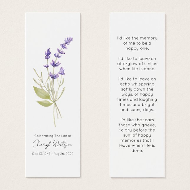 Simple Lavender Funeral Memorial Bookmark (Front & Back)