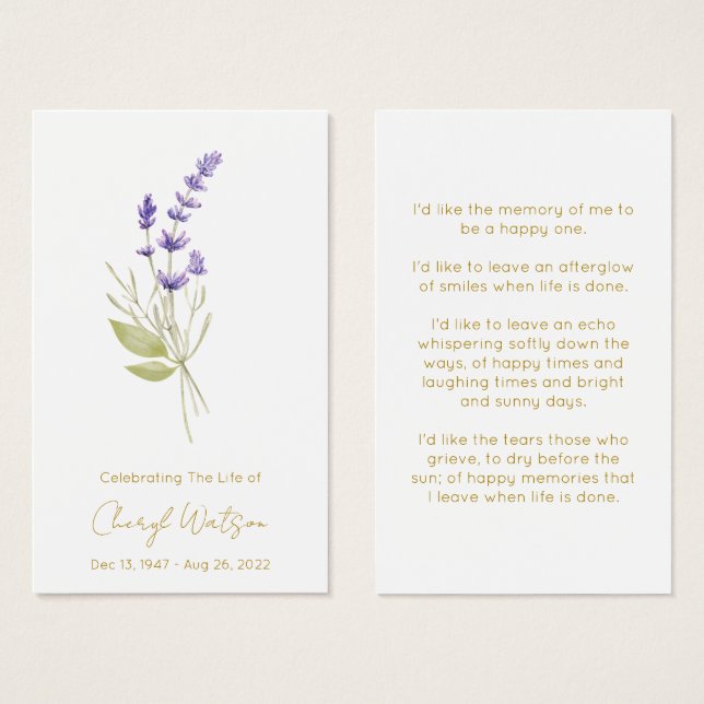 Simple Lavender Funeral Memorial Prayer Card (Front & Back)
