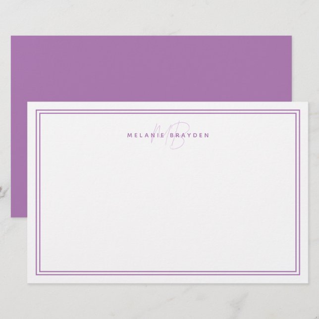 Simple Lavender Minimalist Monogram Two Border Stationery (Front/Back)