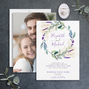 Simple Lavender Purple Floral Wreath Photo Wedding Invitation