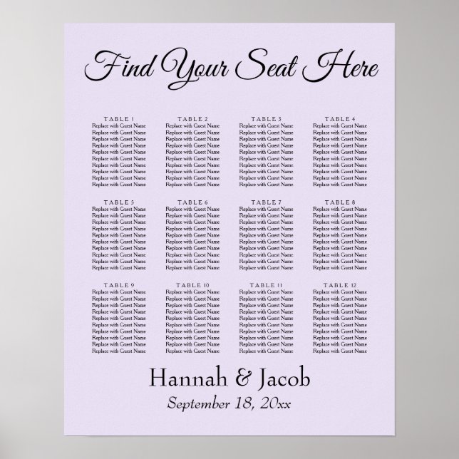 Simple Lavender Wedding Reception Seating Chart (Front)