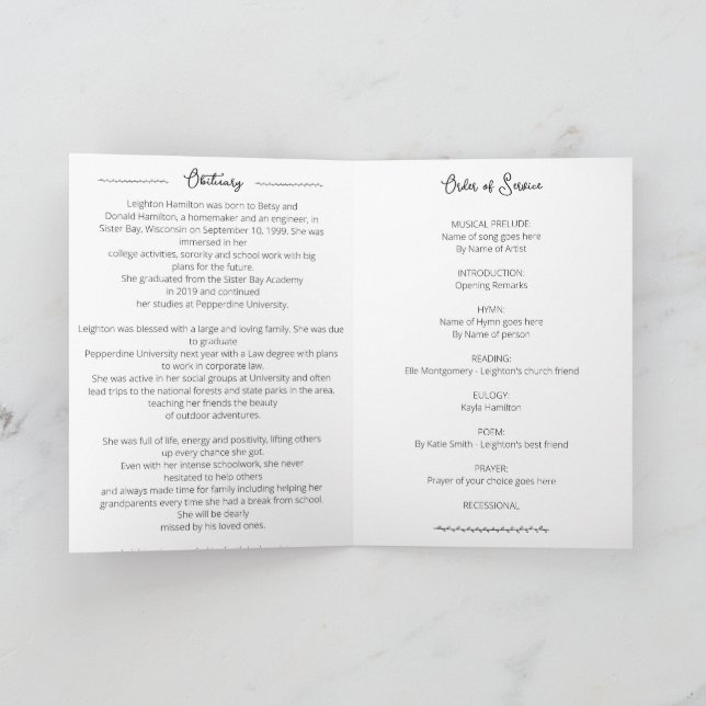 Simple Leaf Funeral Obituary Order of Service  Program (Inside)