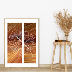 Simple Leaf Line Art Outline Rich Wood Background Poster