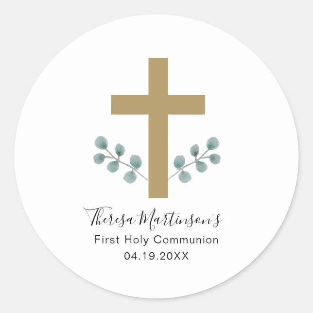 Simple Leaves and Cross First Holy Communion Classic Round Sticker (Front)